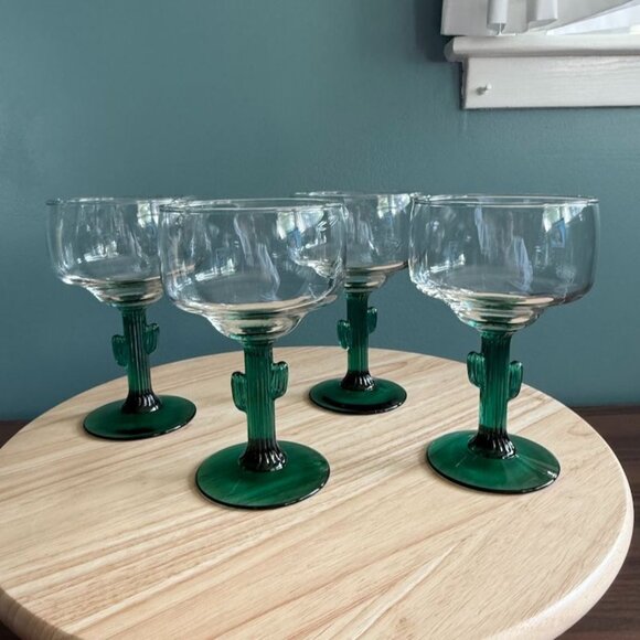 Libbey Cactus Margarita Glasses Set Of 4 Green Stem Clear Bowl 12 Oz Vintage Sty - Picture 1 of 8